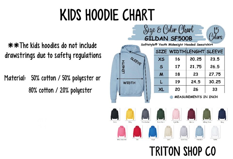 kids hoodie chart with different colors and sizes