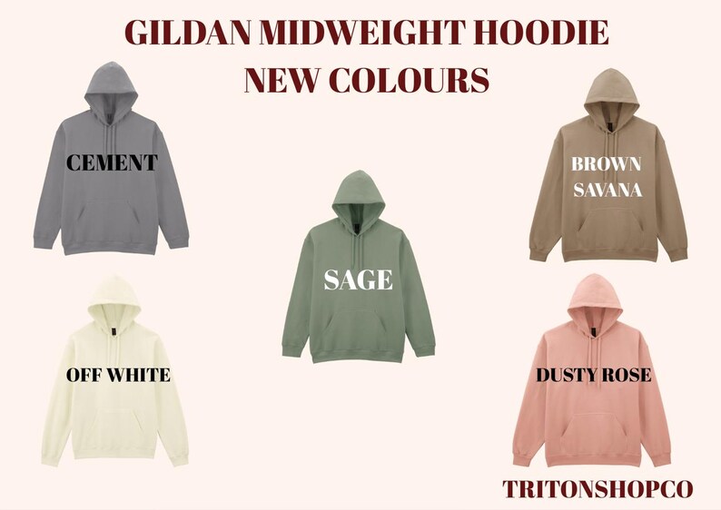 six different midweight hoodies in various colors, including gray, brown, green, off white, dusty rose, and pink.