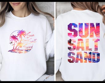 Sweat-shirt Sun Salt Sand, haut d'été tropical, pull de vacances d'été, pull coucher de soleil palmier