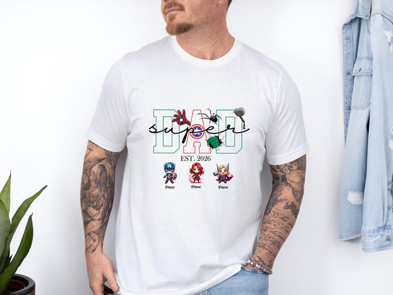 Avengers Fathers Day Shirt, Custom Super Dad T shirt, New Dad Gift, Kids Name Tee, Personalised Dad T-shirt image 3