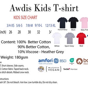 The image is a kids t-shirt chart that provides information about the sizes and fabric content of various t-shirt designs.