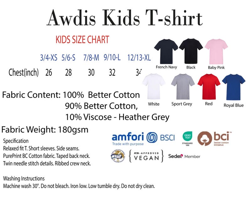 The image is a kids t-shirt chart that provides information about the sizes and fabric content of various t-shirt designs.
