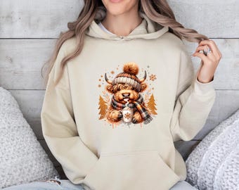 Christmas Cow Hoodie, Highland Cow Jumper, Animal Lover Gift, Country Christmas, Family Christmas, Christmas Hoodie, Christmas Party Gift