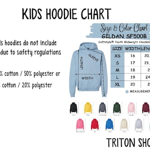 kids hoodie chart with different colors and sizes