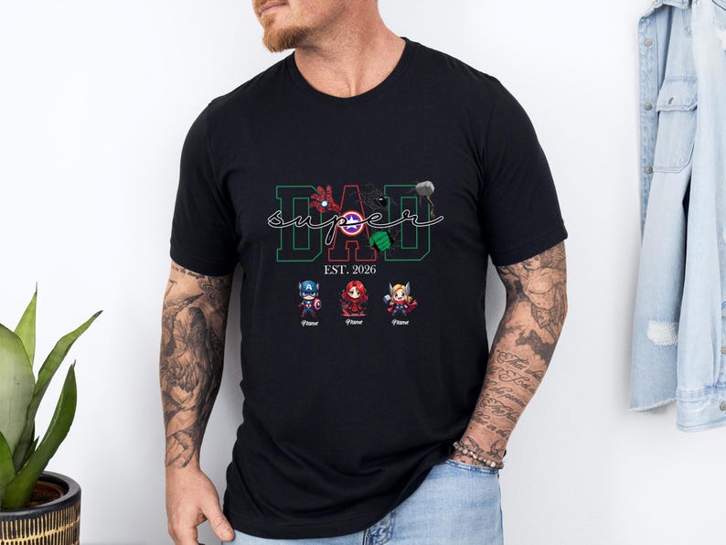 Avengers Fathers Day Shirt, Custom Super Dad T shirt, New Dad Gift, Kids Name Tee, Personalised Dad T-shirt image 4