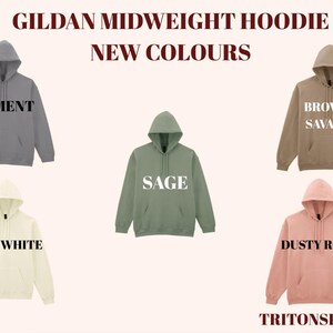 six different midweight hoodies in various colors, including gray, brown, green, off white, dusty rose, and pink.