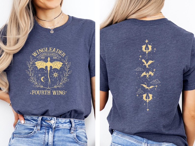 May include: A navy blue t-shirt with a gold graphic of a dragon and the text "WINGLEADER FOURS QUART HEART FOURTH WING". The back of the shirt has a vertical row of gold dragon graphics.