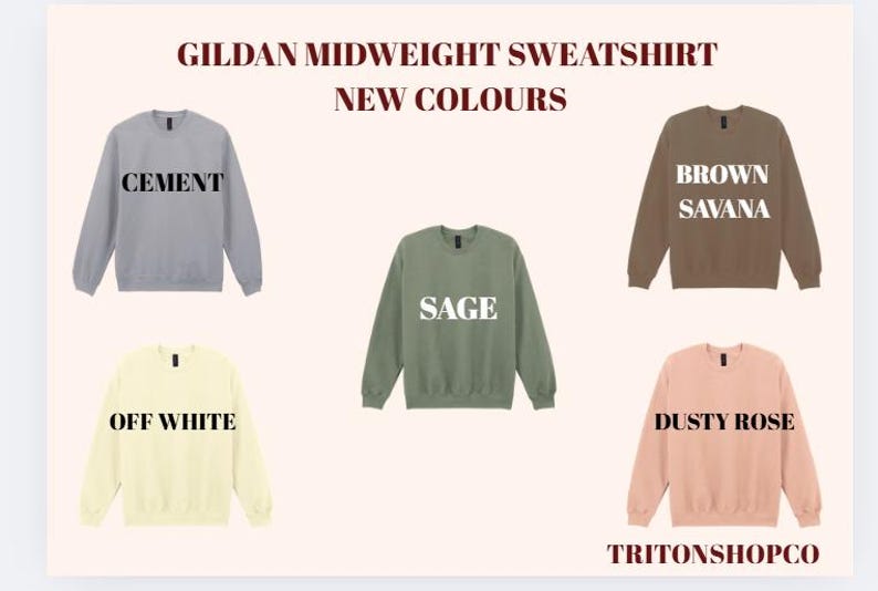 a collection of five midweight sweatshirts in various colors, including gray, green, brown, off white, and dusty rose.