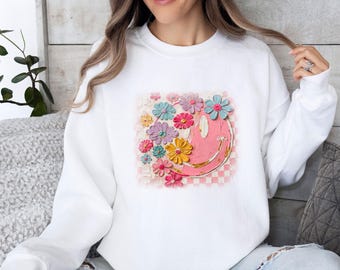 Sweat-shirt fleuri à smiley, pull inspirant, haut motivant, pull d'été fleuri, pull amour-propre