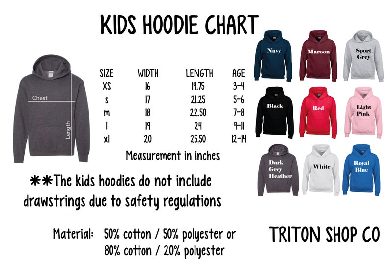 a kid's hoodie chart with measurements and measurements