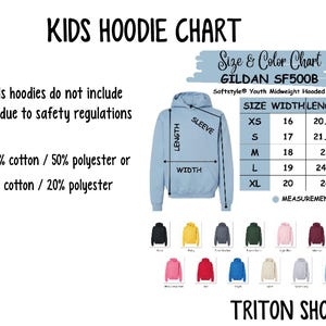 kids hoodie chart with different colors and sizes