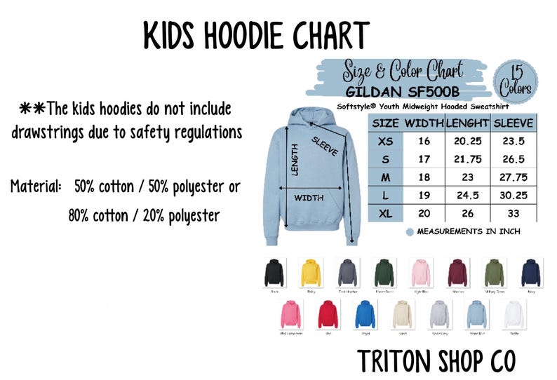 kids hoodie chart with different colors and sizes