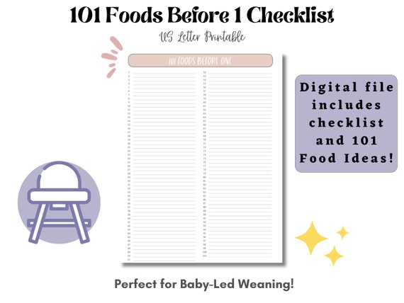 Baby Led Weaning Chart, 101 Foods Before One Checklist, 101 Foods Before 1,  Baby Led Weaning, Checklist for Baby Foods, Baby Food Ideas, BLW