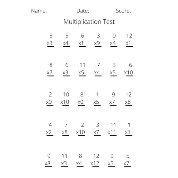 Printable Multiplication Test Worksheet for Elementary/middle Etsy