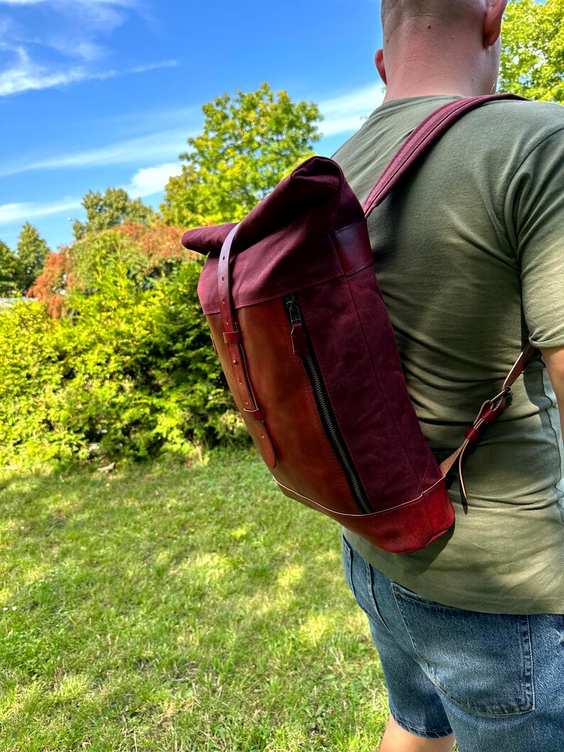 Red Backpackroll Top Leather Canvas Backpack Etsy