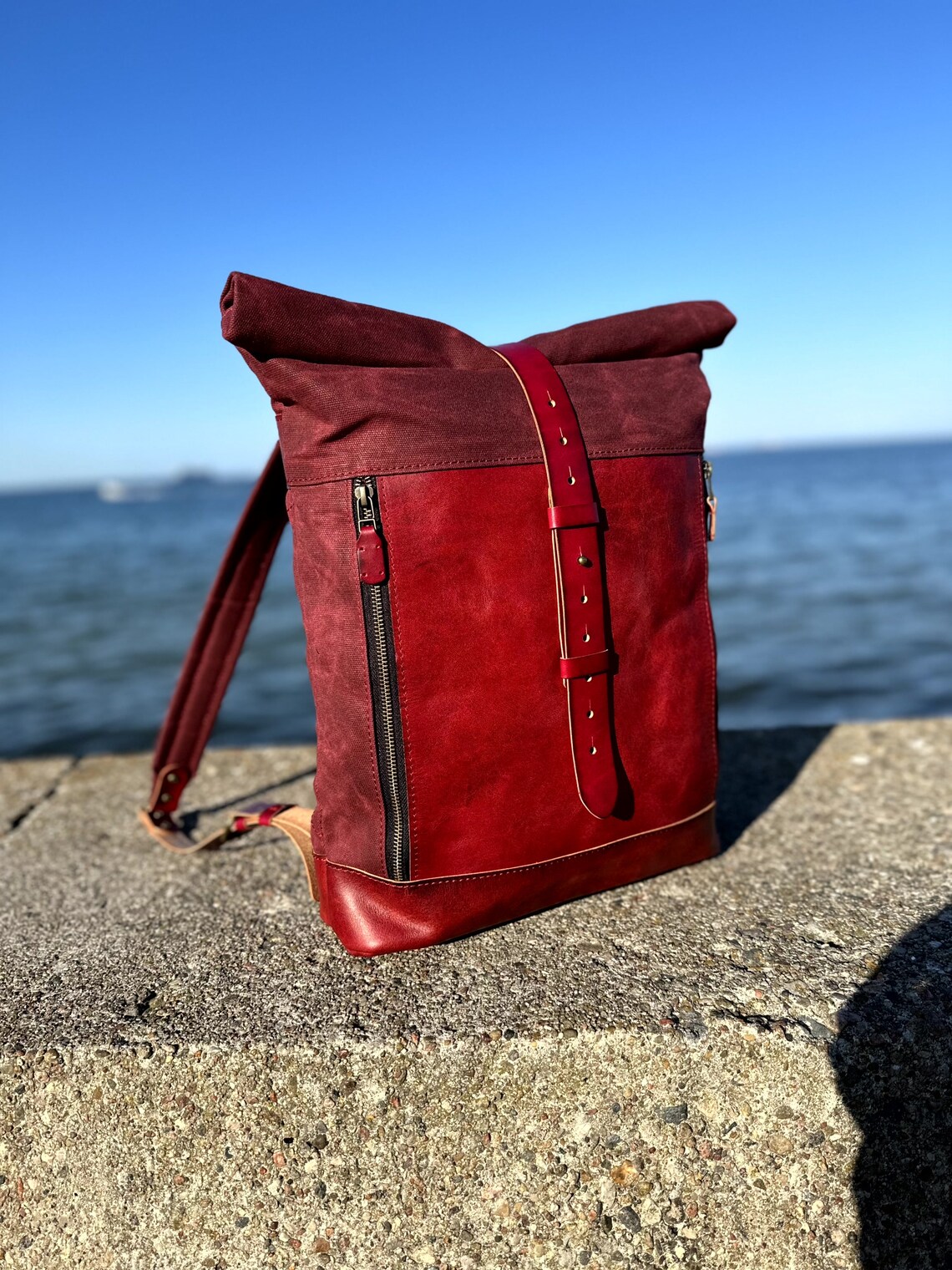 Red Backpackroll Top Leather Canvas Backpack Etsy