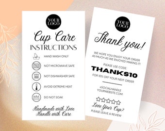 Editable Cup Care Card, Cute Tumbler Printable Washing Care Card, Customizable Canva Template, Tumbler Care Card Instructions