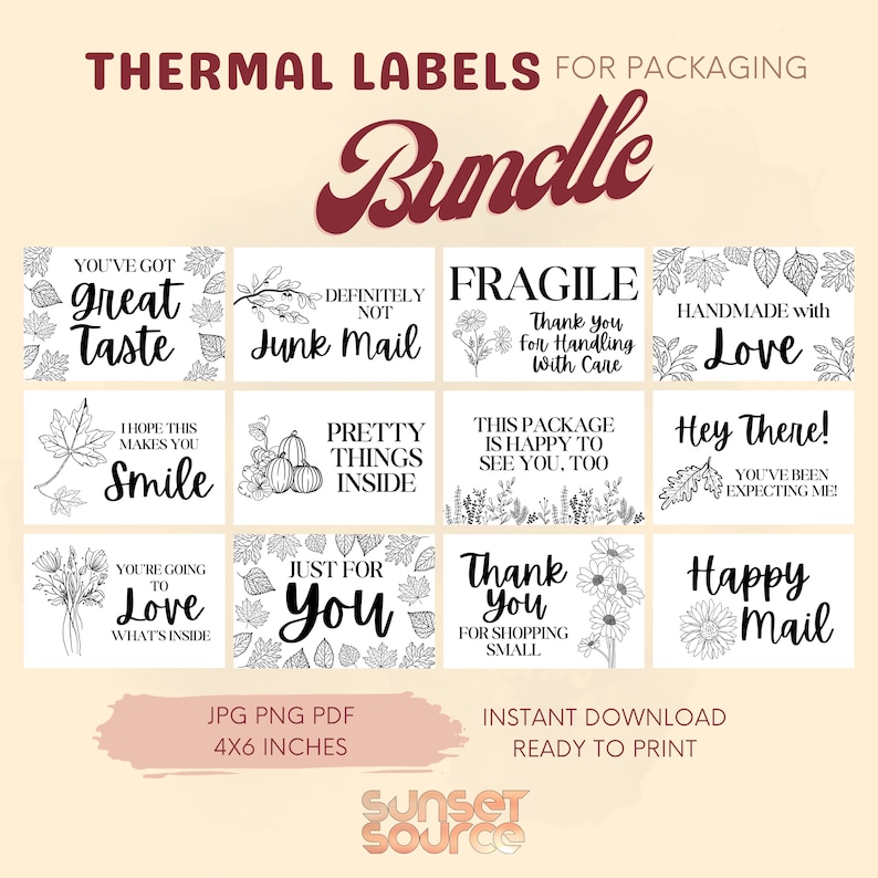 K&ouml;nnte beinhalten: Ein Satz von 12 bedruckbaren Thermoetiketten f&uuml;r Verpackungen. Die Etiketten zeigen Schwarzwei&szlig;illustrationen mit verschiedenen Herbstmotiven wie K&uuml;rbissen, Bl&auml;ttern und Blumen. Der Text auf den Etiketten enth&auml;lt S&auml;tze wie "Du hast einen tollen Geschmack", "Nur f&uuml;r dich" und "Handgefertigt mit Liebe". Die Etiketten sind 10,16 x 15,24 cm gro&szlig; und druckfertig.