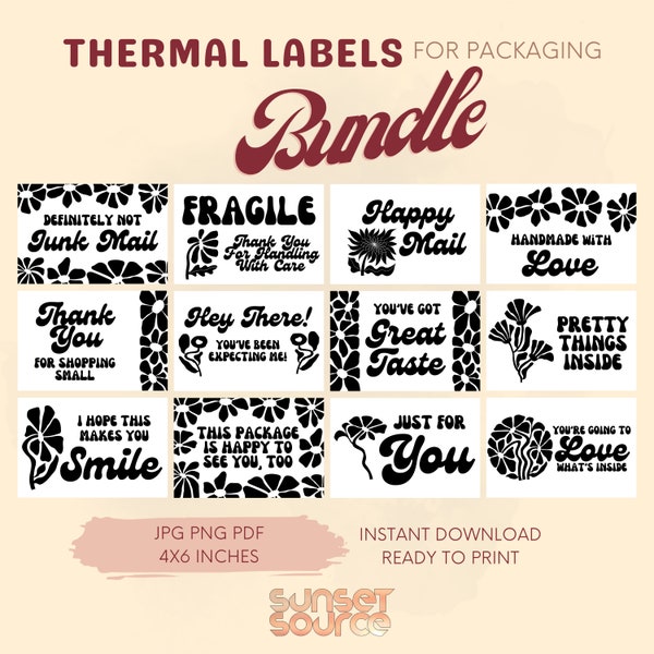 Groovy Floral Thermal Printer Labels, Small Business Packaging Label, Flowers Thermal Printer Labels, PNG JPG PDF, Packaging Sticker