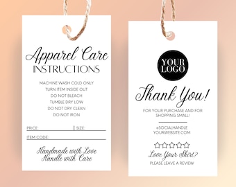 Hang Tag Apparel Care Editable Card, Cute TShirt Hanging Clothing Tag Printable Care Card, Customizable Canva Template, Washing Instructions
