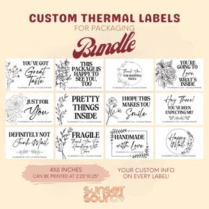 May include: A bundle of custom thermal labels for packaging, featuring various designs with floral and handwritten text. The labels are 4x6 inches and can be printed at 2.25"x1.25". Each label includes space for custom information.