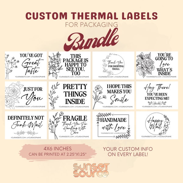 Floral Thermal Printer Labels, Small Business Packaging Label, Flowers Thermal Printer Labels, PNG JPG PDF, Custom Packaging