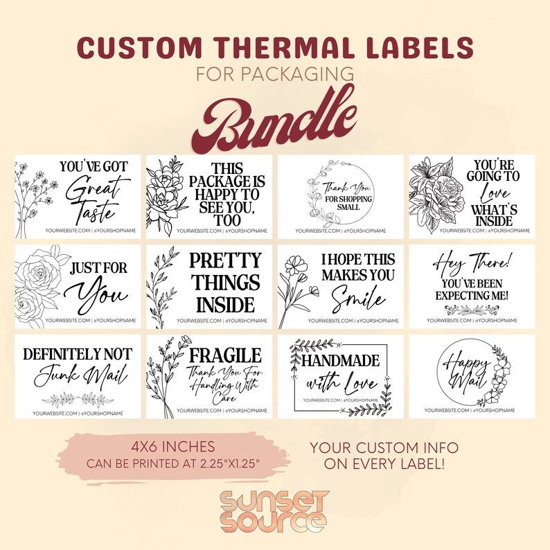 May include: A bundle of custom thermal labels for packaging, featuring various designs with floral and handwritten text. The labels are 4x6 inches and can be printed at 2.25"x1.25". Each label includes space for custom information.