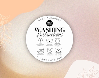 Editable Clothing Card Sticker, Care Instructions, Round Cute Printable Garment Care Card, Customizable Canva Template, TShirt Care Card
