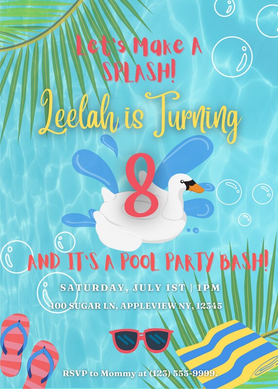 Editable Digital Printable Pool Party Summer Birthday - Etsy