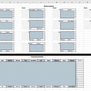 May include: A digital spreadsheet template titled Weekly Schedule and Composite Schedules featuring a grid layout with numbered weeks, participant names like Batman and Robin, and light blue shaded cells for organizing tournament matchups.