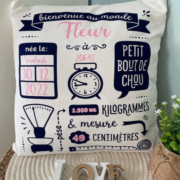 Housse + Coussin de naissance personnalisable 38x38 cm