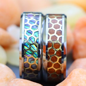Men&#39;s Honeycomb Ring, Abalone Ring, 8mm Men&#39;s Tungsten Wedding Bands, Honeycomb Pattern Inlay Tungsten Ring Rosewood Inlay Rings Custom Ring