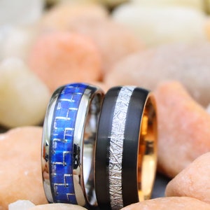 Blue Carbon Fiber Ring, Men's Tungsten Wedding Band, Tungsten Ring 8mm Wedding Ring Black with Meteorite & Rose Gold Inner Band  Custom Ring