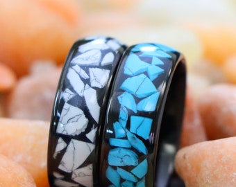 Men's Turquoise Wedding Band, White Turquoise Ring, Men's Wedding Band, Anniversary Ring,8mm Tungsten Ring Custom Engraved Couples Ring,
