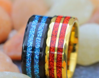 anniversary Ring for Him, Man's Engagement Ring 8mm Black Bands Yellow Gold Tungsten Rings Red Glitter Wedding Ring Gift for Him Custom Ring