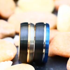 Black Blue Silver Groove Tungsten Rings Tungsten Wedding Ring Rose Gold Engagement Bands Anniversary Ring Black Tungsten Promise Ring, Gifts