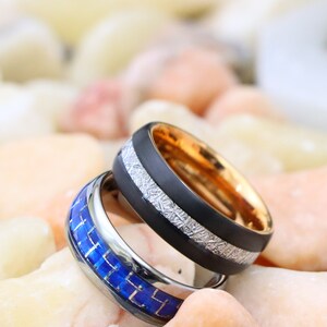 Blue Carbon Fiber Ring, Men's Tungsten Wedding Band, 8mm Wedding Ring Tungsten Ring Black with Meteorite & Rose Gold Inner Band Promise Ring