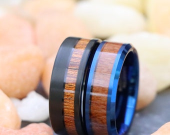 Wood Wedding Tungsten Ring Unique Pipe Cut, Black Tungsten Wedding Band, Hawaiian Koa Wood Inlay Blue Tungsten Ring, Promise Ring for Couple
