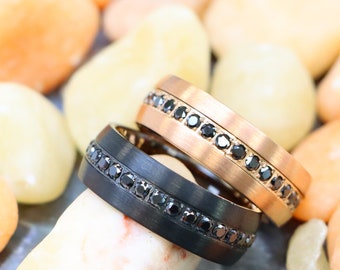 Black CZ Center Eternity Men's Ring, Tungsten Carbide Wedding Band, Dome Brushed Matte Satin Black, Rose Gold  Tungsten Ring Christmas Gift