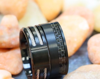 His and Her Titanium Wedding Rings Personalized Engrave Titanium Rings Black Titanium Ring Cable Inlay Ring Carbon Fiber Inlay Custom Ring,