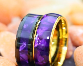 Tungsten Purple Shell Ring Yellow Gold Men's Wedding Ring Purple Tungsten Ring 8mm Black Tungsten Purple Tiger Cowrie Inlay Custom Ring