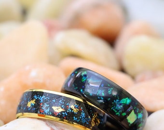 Opal & Abalone Fragment Inlay Men's Unique Black Dome Tungsten Wedding Ring, 8mm Ring, Blue Green Glitter and Gold Foil Inlay Custom  Rings