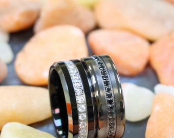 Men's Gunmetal Tungsten Wedding Band, CZ Diamond Ring, Comfort Fit Ring, Men’s Wedding Band, Engagement Ring, 8mm Custom ring Christmas Gift
