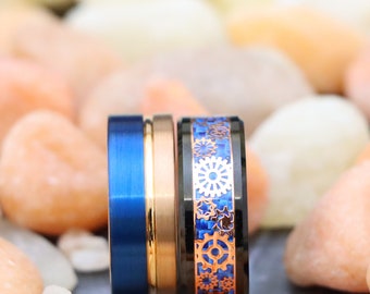 Men's Black Wedding Ring, Carbon Fiber Gear Ring, Men Woman Wedding Band, Engagement Ring Blue & Rose Gold Wedding Band, Custom Gift for Him