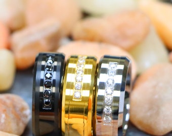 Silver Tungsten Wedding Band, Diamond Tungsten Ring, Engagement Ring, 8mm Gold Tungsten Anniversary Ring, Men Tungsten Ring, Christmas Gift