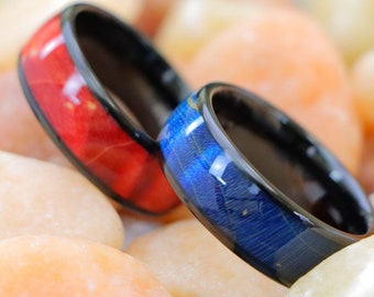 Men Women Tungsten Ring, 8mm Black IP Wood Tungsten Ring, Solidified Wood Dyed Burgundy Wood Ring, Azure Burl Wood Ring, Custom Gift for Him