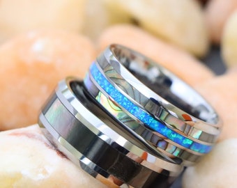 Blue Opal and Abalone Shell Inlay Ring, Wedding Band, Women Grey Ring, Mother of Pearl Inlay Shiny Polished Finish Men Ring Engagement Rings