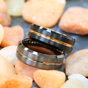 Gunmetal Men&#39;s Wedding Ring, Black and Rose Gold Gold Strip Wedding Band, Mens Ring, Mens Black Wedding Band,  Gray Tungsten Engagement Ring
