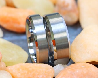 Brushed Silver Tungsten Men's Wedding Band Beveled Wedding Ring for Him Silver Tungsten Ring Silver Tungsten Anniversary Couple Wedding Ring