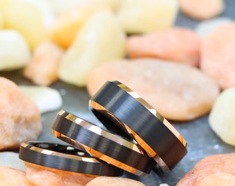 Men's Black and Rose Gold Wedding Ring, Brushed Wedding Ring, Men's Wedding Bands, Couple Engagement Rings, Anniversary Ring, Engraved Ring